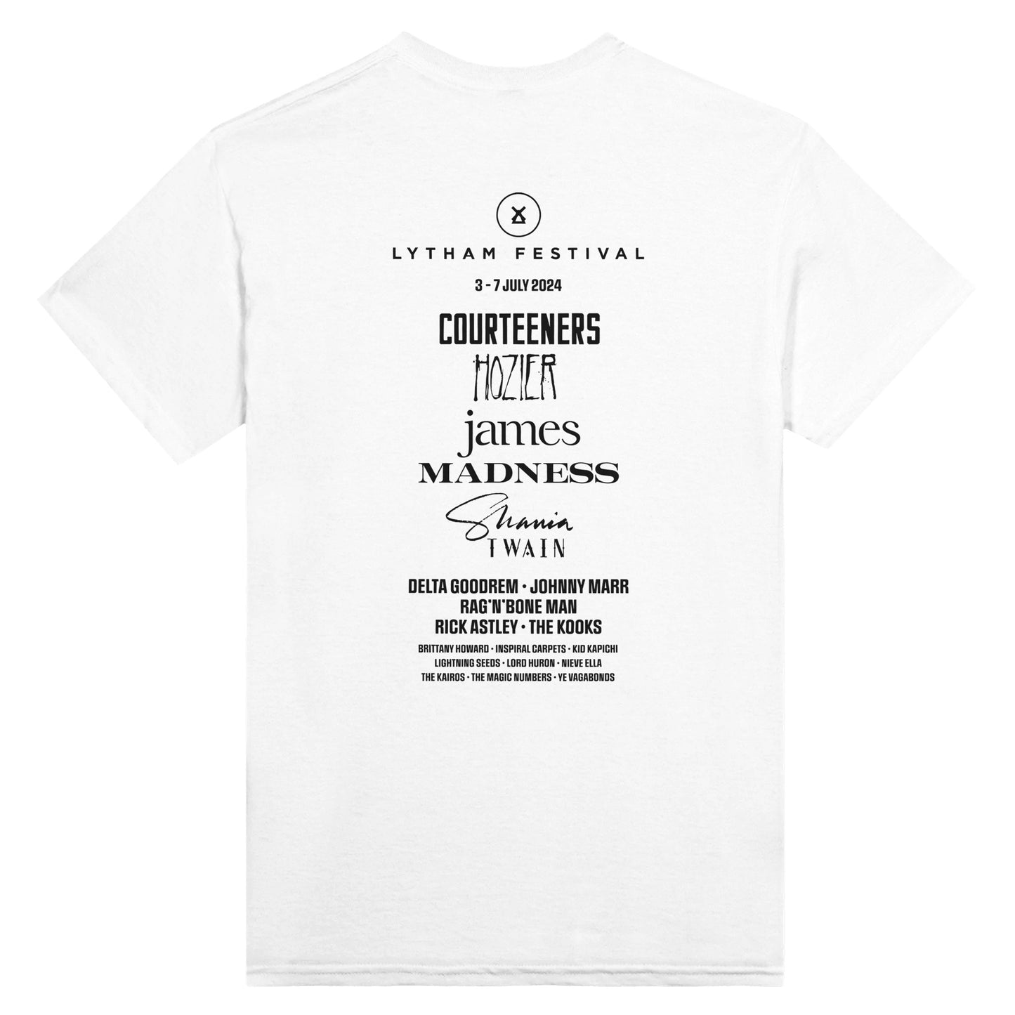 The Lytham Festival 2024 Event Line Up T-Shirt is a classic fit white tee with “LYTHAM FESTIVAL” and “3–7 JULY 2024” on the front. The back lists headliners including Courteeners, Hozier, James, Madness & Shania Twain in black on heavyweight cotton.