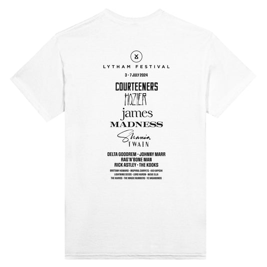 The Lytham Festival 2024 Event Line Up T-Shirt is a classic fit white tee with “LYTHAM FESTIVAL” and “3–7 JULY 2024” on the front. The back lists headliners including Courteeners, Hozier, James, Madness & Shania Twain in black on heavyweight cotton.