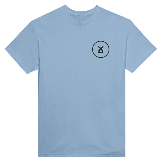 The Lytham Festival 2024 Event Line Up T-Shirt is a light blue heavyweight cotton tee featuring a small black outlined circle with an abstract symbol on the left chest, offering a classic fit and minimalist design for everyday wear.