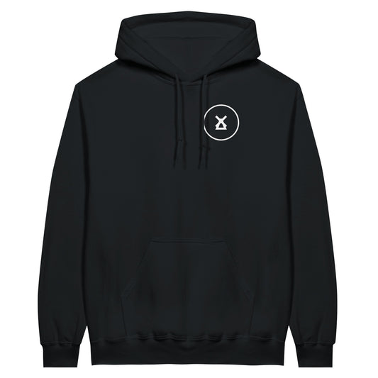 The Lytham Festival Pullover Hoodie by Lytham Festival is a black fleece knit hoodie with a front pocket, adjustable drawstrings, a cozy double-lined hood, and a small white circular windmill logo on the upper left chest.