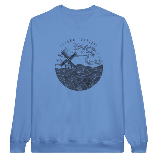 The Lytham Festival Sea Sweatshirt by Lytham Festival is a soft, blue crew neck featuring a circular graphic of a windmill, clouds, and waves with Lytham Festival above the design. Enjoy all-day comfort and striking style.