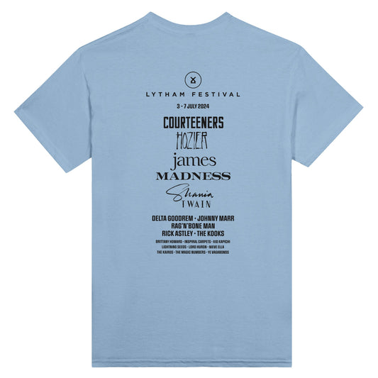 The Lytham Festival 2024 Event Line Up T-Shirt is a light blue, classic fit tee featuring festival dates and lineup on the back in black. Made from heavyweight cotton for durability and comfort.