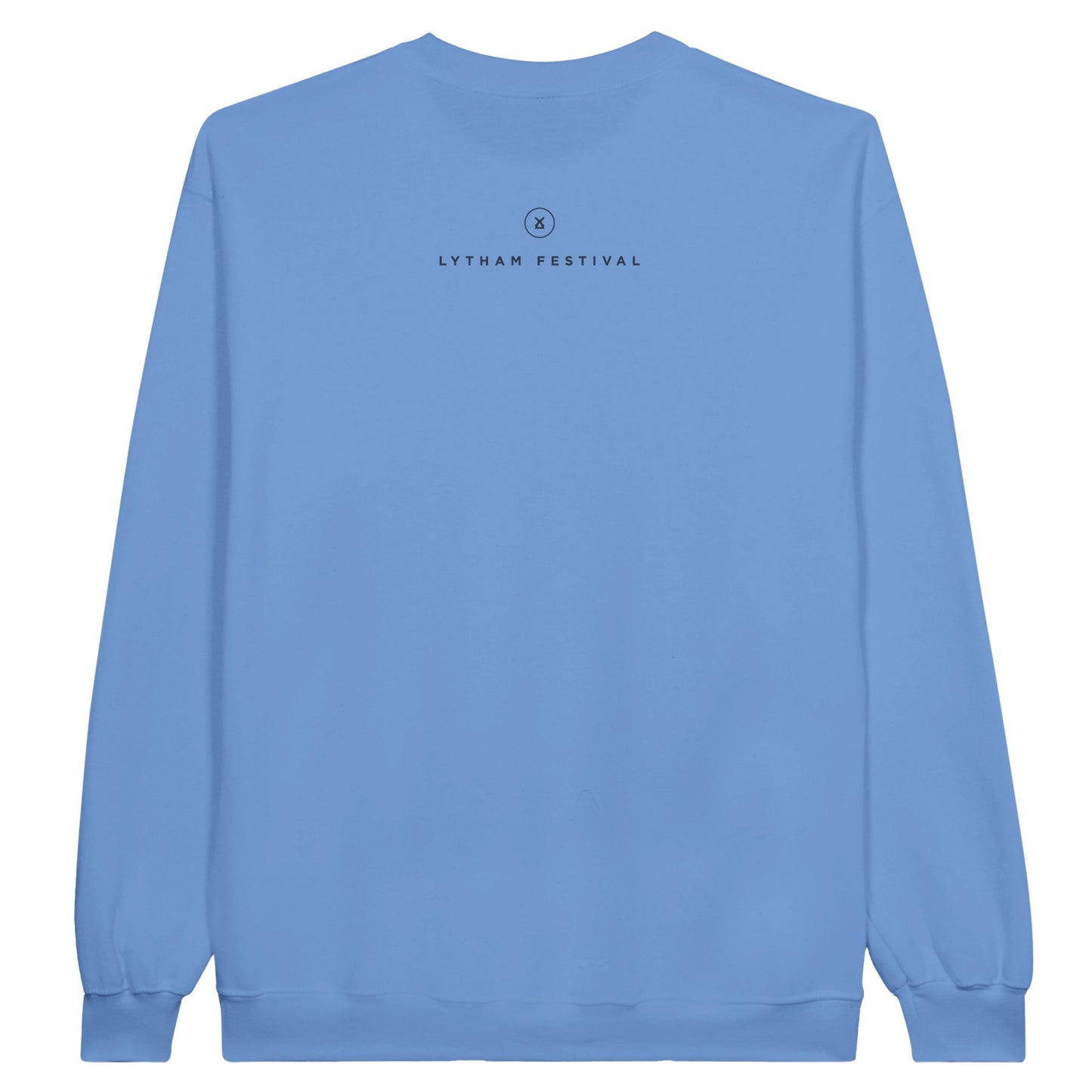 The Lytham Festival Sea Sweatshirt by Lytham Festival features a light blue color, laid flat and viewed from the back, with LYTHAM FESTIVAL and a small circular logo printed in black below the crew neck for a soft feel finish.